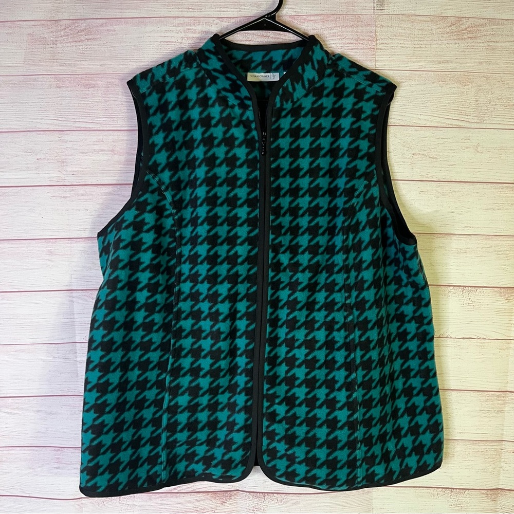 Susan Graver Green Black Full Zipper Fleece Vest Size XL